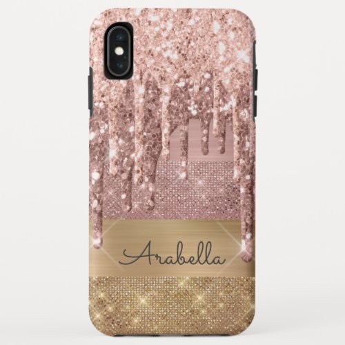 Rose Gold Glitter Dripping Gold Stripes Monogram iPhone XS Max Case