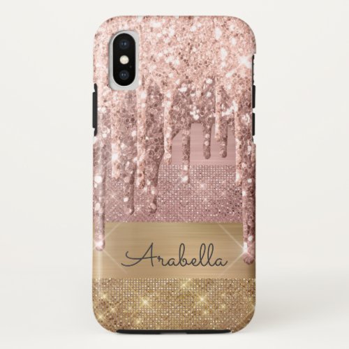 Rose Gold Glitter Dripping Gold Stripes Monogram  iPhone X Case