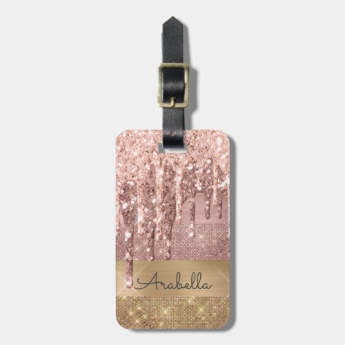 Rose Gold Glitter Dripping Gold Stripes Monogram Luggage Tag