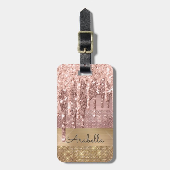 Rose Gold Glitter Dripping Gold Stripes Monogram Luggage Tag (Front Vertical)