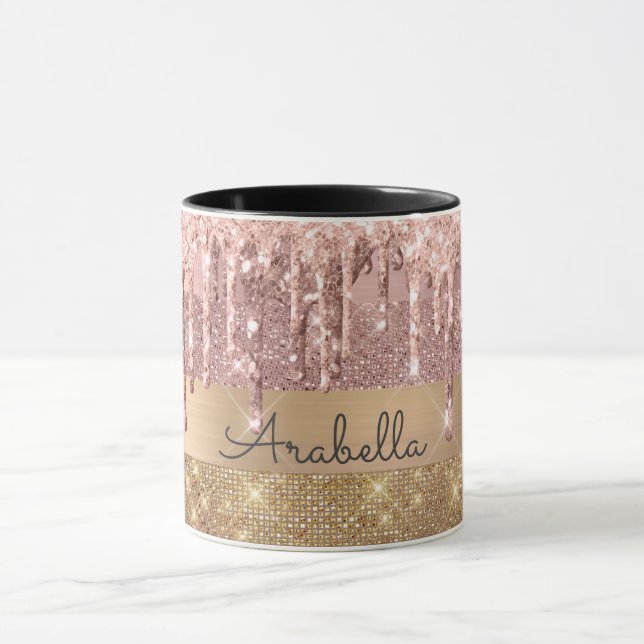 Rose Gold Glitter Dripping Gold Stripes Monogram Mug (Center)