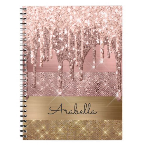 Rose Gold Glitter Dripping Gold Stripes Monogram Notebook