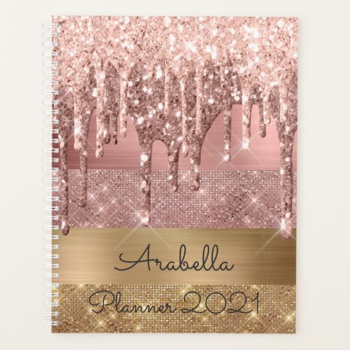 Rose Gold Glitter Dripping Gold Stripes Monogram Planner