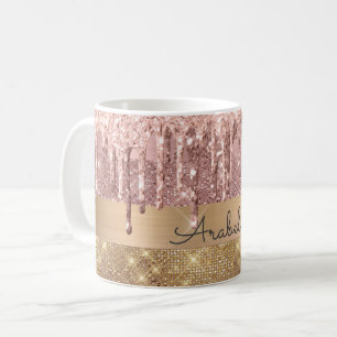Rose Gold Glitter Dripping Gold Stripes Name Coffee Mug