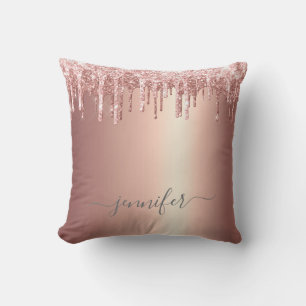 Rose Gold Glitter Dripping Monogram Throw Pillow