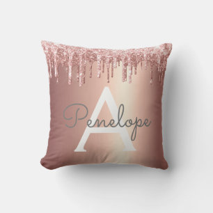 Rose Gold Glitter Dripping Monogram Throw Pillow