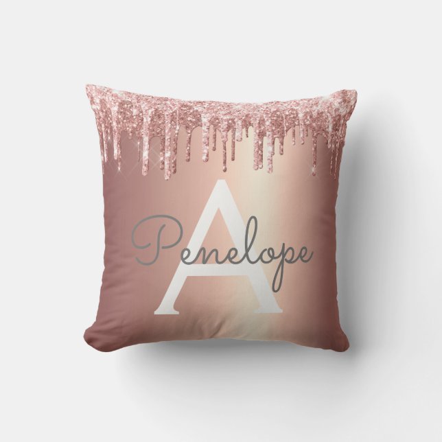 Rose Gold Glitter Dripping Monogram Throw Pillow (Front)