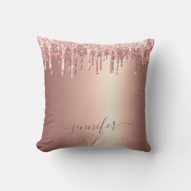 Rose Gold Glitter Dripping Monogram Throw Throw Pillow (Front)