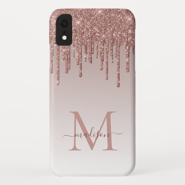 Rose Gold Glitter Dripping Sparkle Monogram Script Case-Mate iPhone Case (Back)