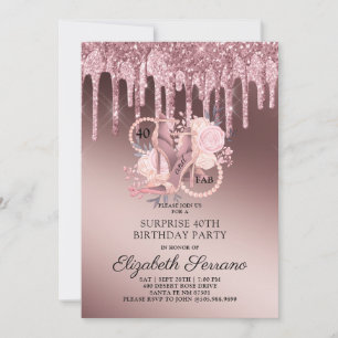 Rose Gold Glitter Drips 40th Surprise Birthday Invitation