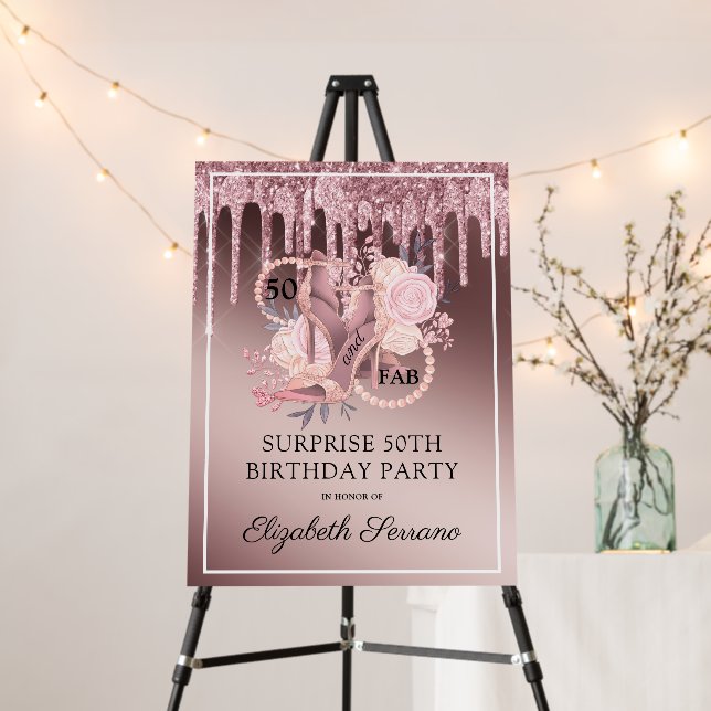 Rose Gold Glitter Drips 50th Birthday Surprise Foam Board (In Situ (Stand))