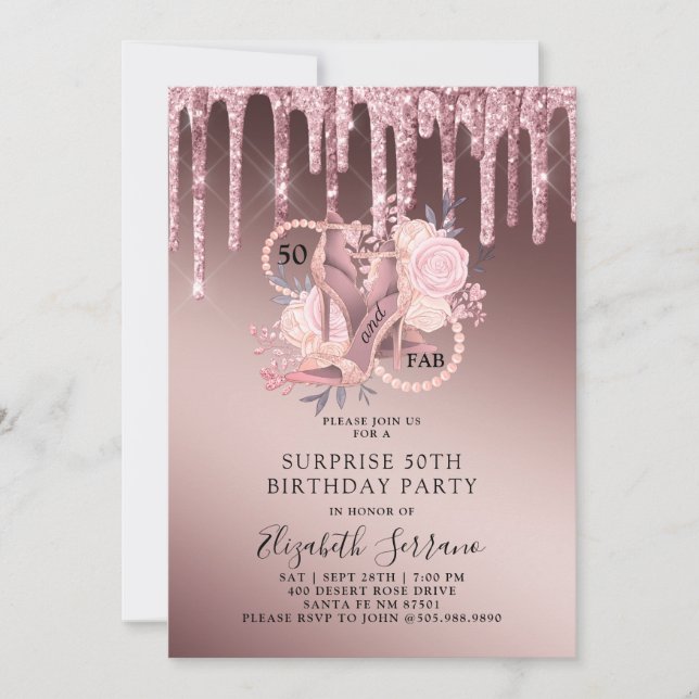 Rose Gold Glitter Drips 50th Birthday Surprise Invitation (Front)