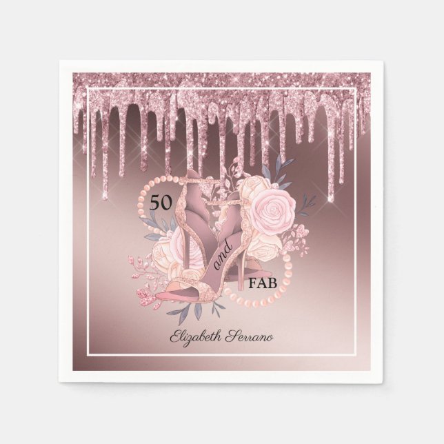 Rose Gold Glitter Drips 50th Birthday Surprise Napkins (Front)