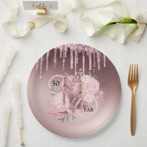 Rose Gold Glitter Drips 50th Birthday Surprise Paper Plates