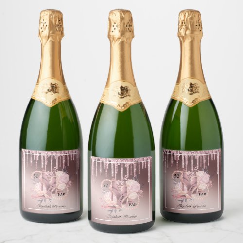 Rose Gold Glitter Drips 50th Birthday Surprise Sparkling Wine Label
