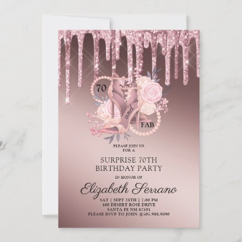 Rose Gold Glitter Drips 70th Birthday Surprise Invitation