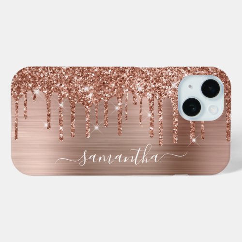 Rose Gold Glitter Drips and Foil Girly Signature iPhone 15 Case