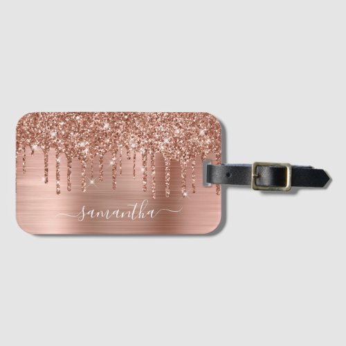 Rose Gold Glitter Drips and Foil Girly Signature Luggage Tag