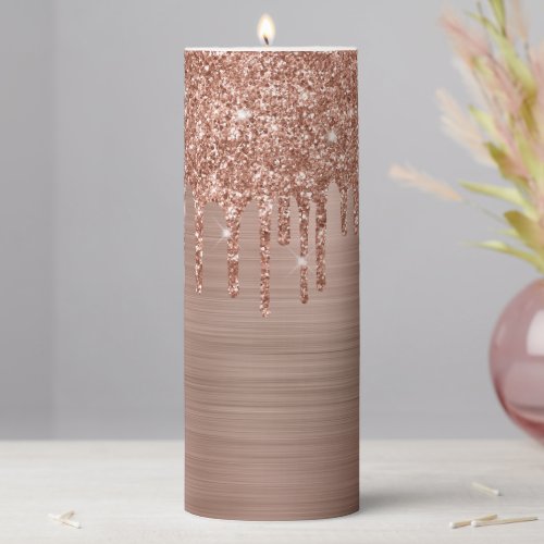 Rose Gold Glitter Drips and Foil Pillar Candle