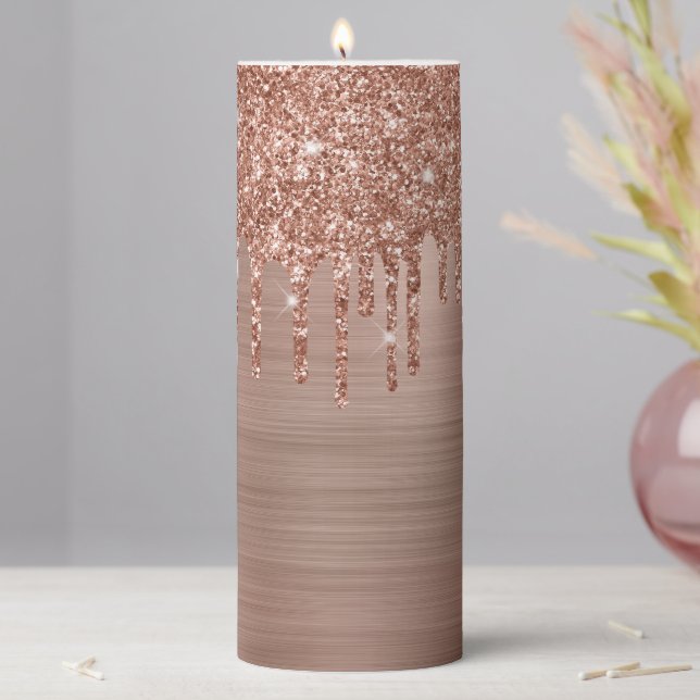 Rose Gold Glitter Drips and Foil Pillar Candle (In Situ)