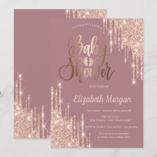 Rose Gold Glitter Drips Baby Foots Baby Shower Invitation