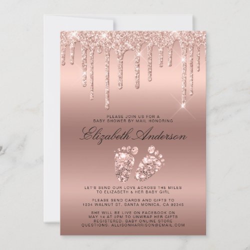 Rose Gold Glitter Drips Baby Shower By Mail Invitation