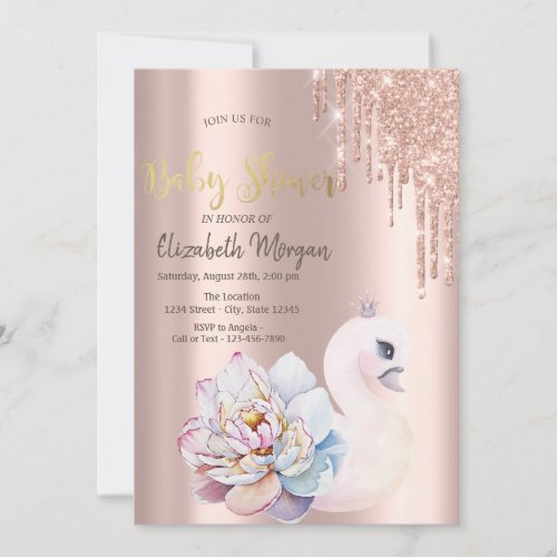 Rose Gold Glitter Drips Baby Swan Baby Shower Invitation