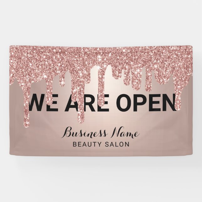 Rose Gold Glitter Drips Beauty Salon We are Open B Banner (Horizontal)