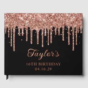 Rose Gold Glitter Drips Black 16th Birthday Foil Guest Book