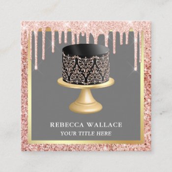 Rose Gold Glitter Drips Black Damask Cake Bakery Square Business Card by ShabzDesigns at Zazzle