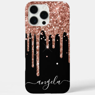 Rose Gold Glitter Drips Black Glam Signature iPhone 16 Pro Max Case