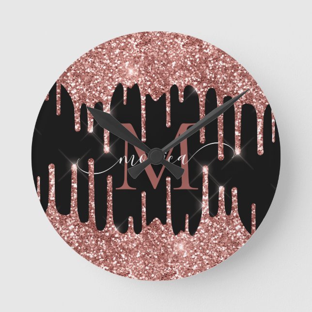 Rose Gold Glitter Drips Black Monogram Personalize Round Clock (Front)