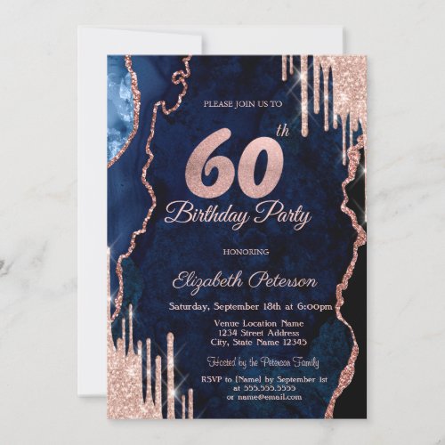 Rose Gold Glitter Drips Blue Agate Marble 60th Invitation
