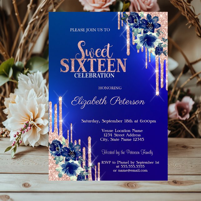 Rose Gold Glitter Drips Blue Flowers Sweet 16  Invitation (Creator Uploaded)