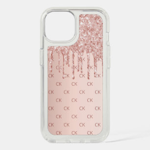 Rose gold glitter drips blush monogram initials iPhone 15 case