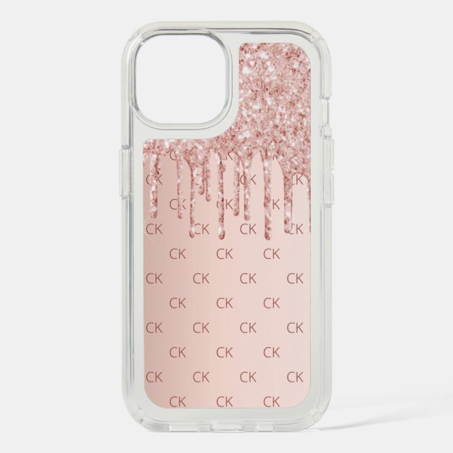 Rose gold glitter drips blush monogram initials speck iPhone case (Front)