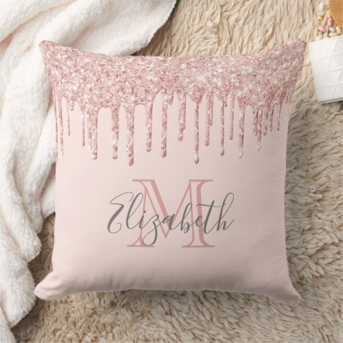 Rose gold glitter drips blush monogrammed throw pillow