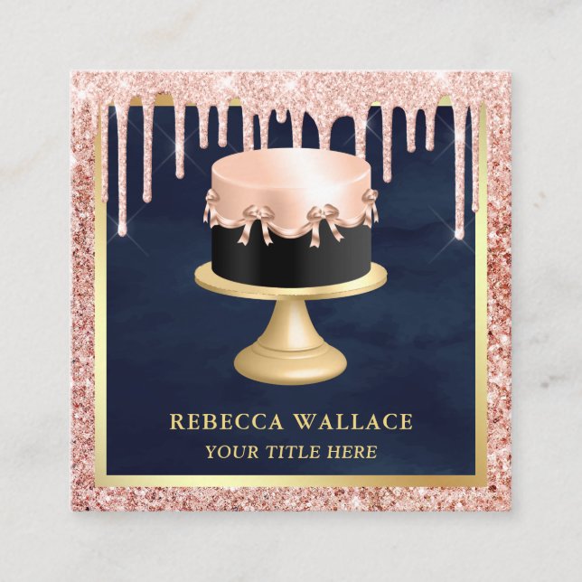 Rose Gold Glitter Drips Blush Pink Cake Bakery Square Business Card (Front)