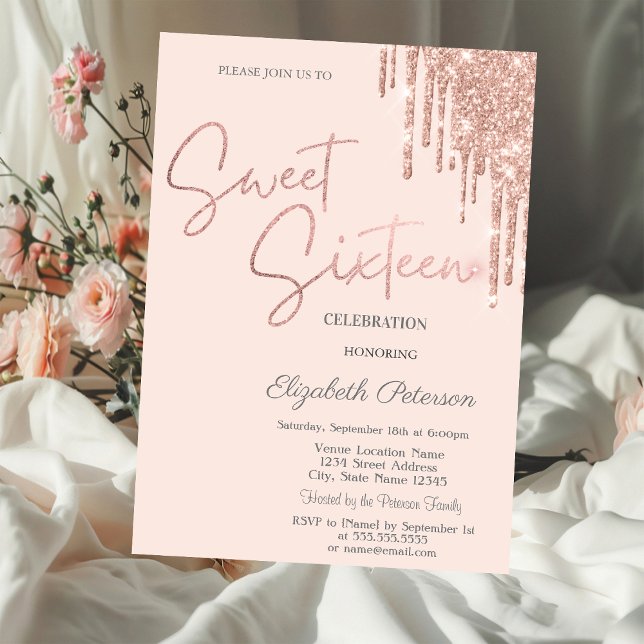 Rose Gold Glitter Drips Blush Pink Sweet 16  Invitation (Creator Uploaded)
