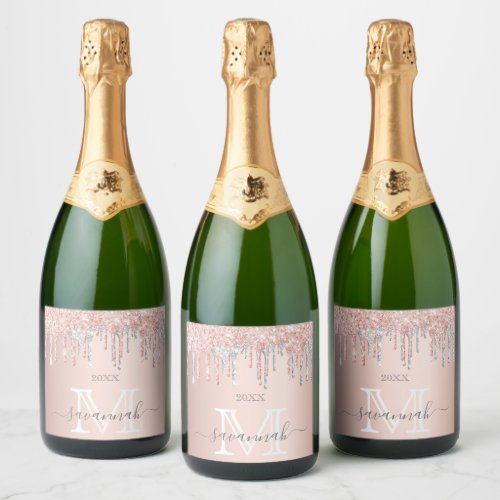 Rose gold glitter drips blush silver monogram sparkling wine label