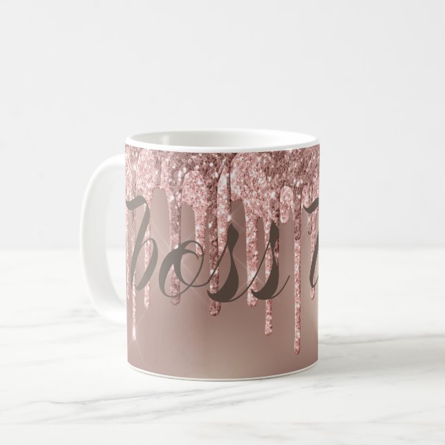 Rose Gold Glitter Drips Boss Lady Coffee Mug (Front Left)