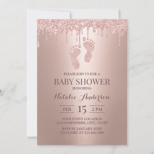 Rose Gold Glitter Drips Boy Girl Feet Baby Shower Invitation