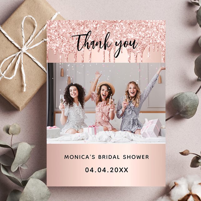 Rose gold glitter drips bridal shower photo thank you card (Creator Uploaded)