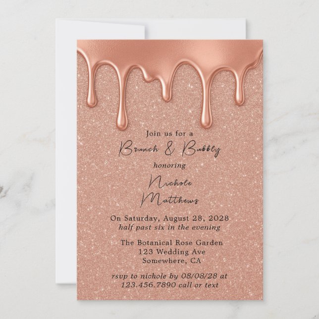 Rose Gold Glitter & Drips Brunch & Bubbly Invitation (Front)