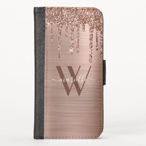 Rose Gold Glitter Drips Brushed Metal Monogram iPhone X Wallet Case