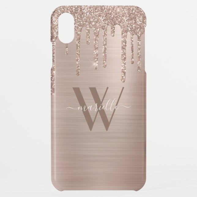 Rose Gold Glitter Drips Brushed Metal Monogram Uncommon iPhone Case (Back)