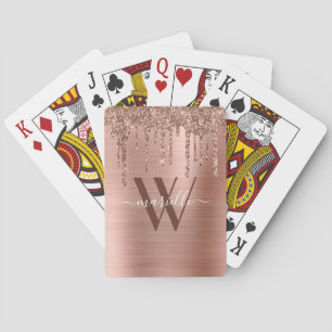 Rose Gold Glitter Drips Brushed Metal Red Monogram Poker Cards