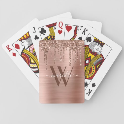 Rose Gold Glitter Drips Brushed Metal Red Monogram Poker Cards