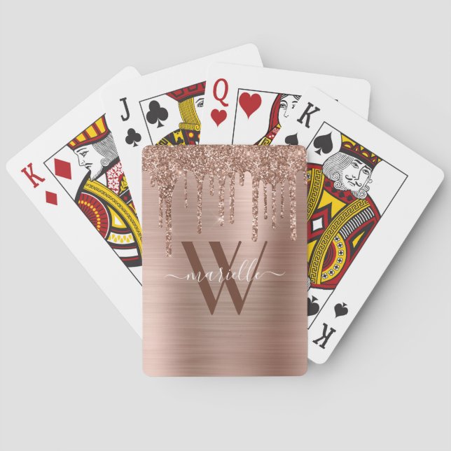 Rose Gold Glitter Drips Brushed Metal Red Monogram Poker Cards (Back)