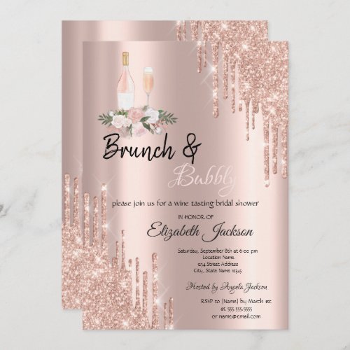 Rose Gold Glitter Drips Bubbly Bridal Shower  Invitation